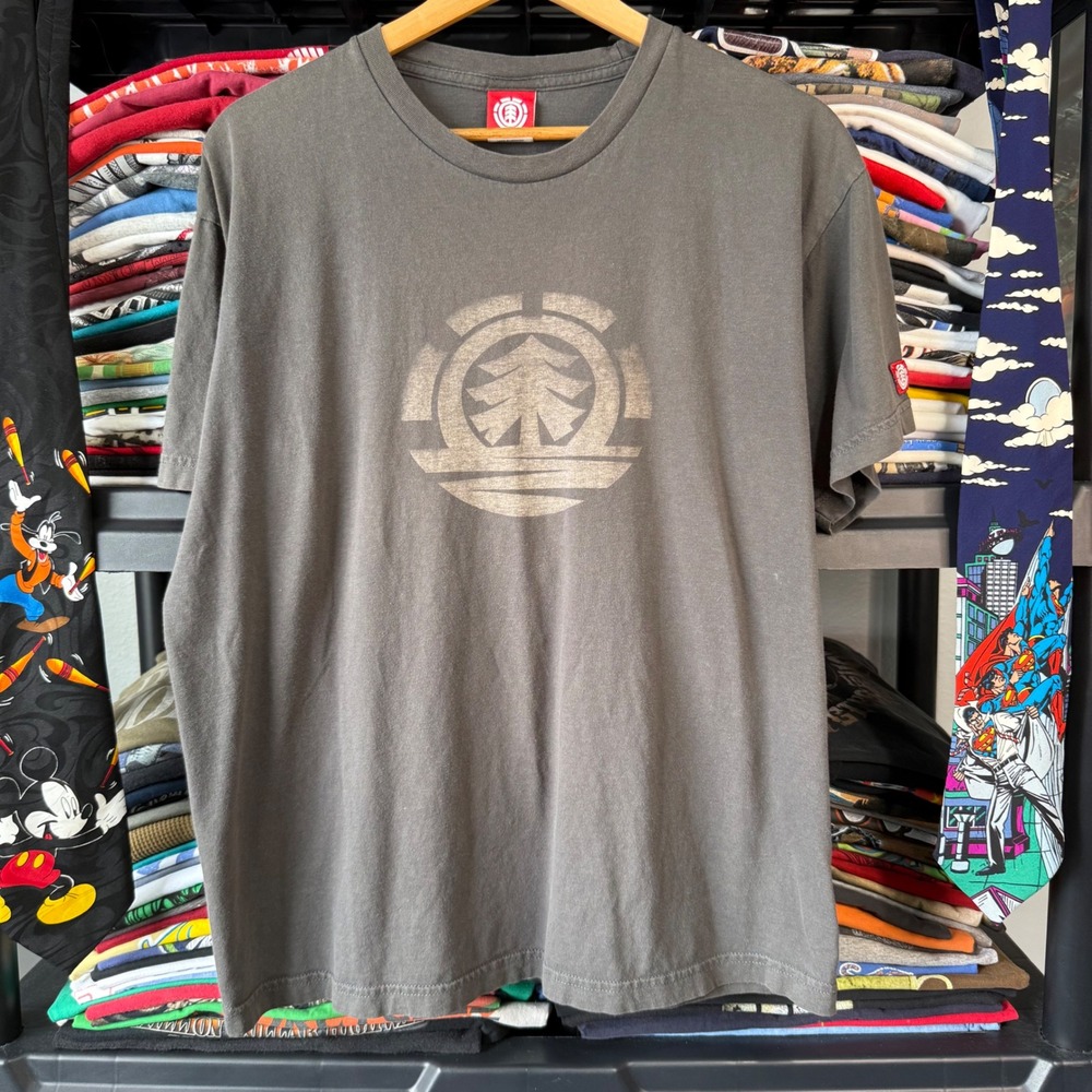 Y2K Faded Grey Element Skateboarding Logo Graphic T-Shirt Large